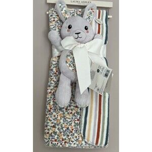 Laura Ashley Emogene Baby Blanket & Plush Toy Purple Bunny 2 PC Floral Stripes
